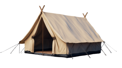 Camping Shelter: Capturing the simplicity of a tent, ideal for adventurous outdoor camping and leisure activities, featuring a natural color that blends seamlessly with the environment.