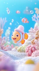 cute clownfish smiling wearing summer hat with flowers at coral reef, cuddly miniature animal