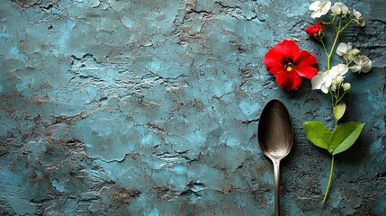 A solitary item, like a spoon or a flower, lying diagonally across a textured surface for an elegant and minimal effect