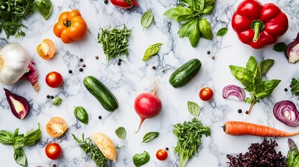 Crisp and Colorful Vegetable Flat-Lay on Marble Surface for Fresh Healthy Eating Concept