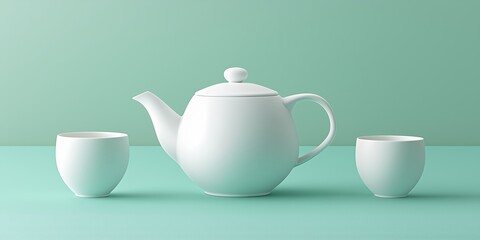 Fototapeta premium A minimalistic matcha tea set with a white teapot and two matching cups, placed on a pastel green background, clean and modern style.