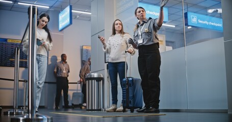 Diverse People, Passengers with Luggage Walking in Crowded International Airport Terminal. Female Security Officer Helps Woman to Find Gate for Boarding Plane Flight. Travelers Going on Vacation Trips