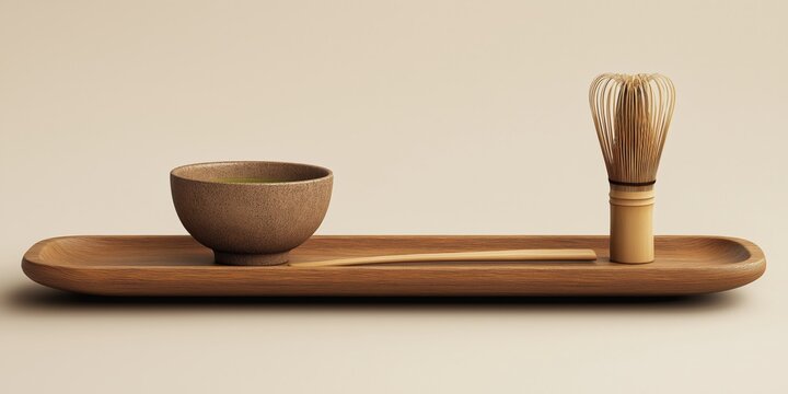 Fototapeta A long wooden tray holding a small matcha bowl and a bamboo whisk, placed on a light beige background, minimalist Japanese tea aesthetic.