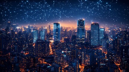 Obraz premium Futuristic metropolis at night with digital network overlay connection concept