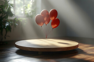 Red balloons float above a wood platform in sunlit room