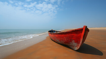 Red boat sits abandoned on sandy beach with ocean waves and blue sky