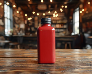 Red bottle on wood table with bar lights bokeh background