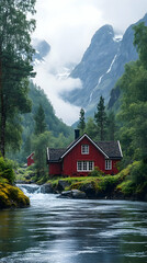 Red cabin on river bank against misty mountains surrounded by vibrant green forests