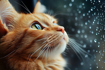 Red cat gazes at rain-streaked window, focusing on raindrops, a blurred background