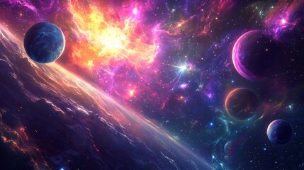 A cosmic wonderland with a vibrant mix of planets, nebulas, and celestial particles.