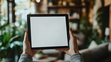 Female hands holding digital tablet with blank screen in cozy modern cafe with warm lights, concept of remote work, freelance lifestyle, online learning creative inspiration. Banner.copy space.mockup