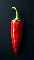 Red chili pepper on black backdrop with water droplets, close-up view, and clean, minimalist studio shot