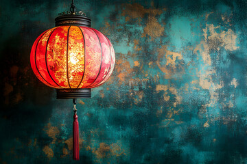 Red Chinese lantern, tassel hanging, against teal and gold texture background