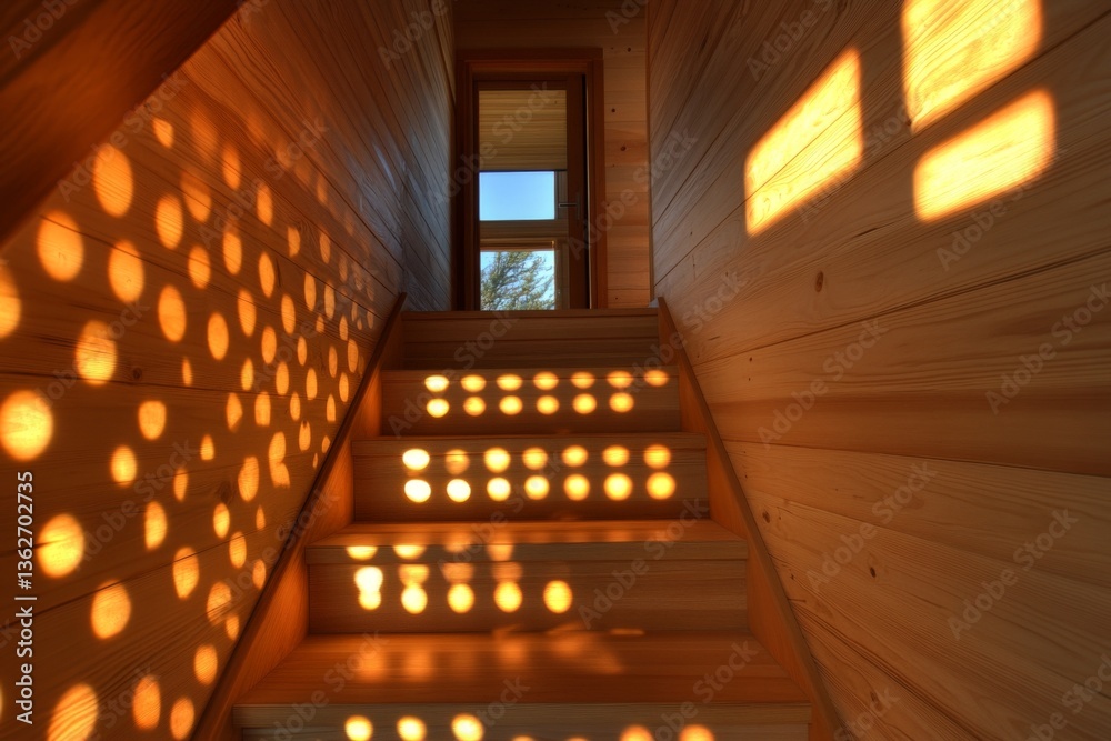 Leinwandbilder warm sunlight filters through a wooden staircase creating a pattern of light and shadow during the a