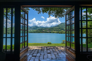 Doorway view of a lake and mountains from a living room