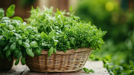 Naklejka premium Fresh Green Herbs in a Rustic Basket on a Farmhouse Wooden Table
