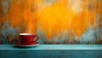 Red cup on shelf against textured golden/blue wall