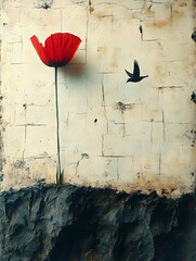 Poppy flower by a rocky cliff with a bird flying against a textured background