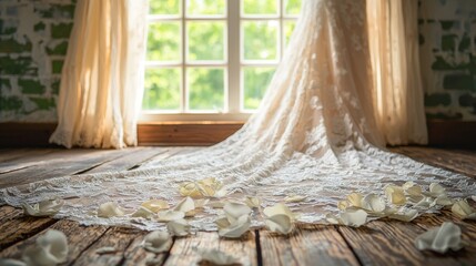 Ethereal Wedding Gown Cascade with Delicate Floral Petals and Rustic Charm