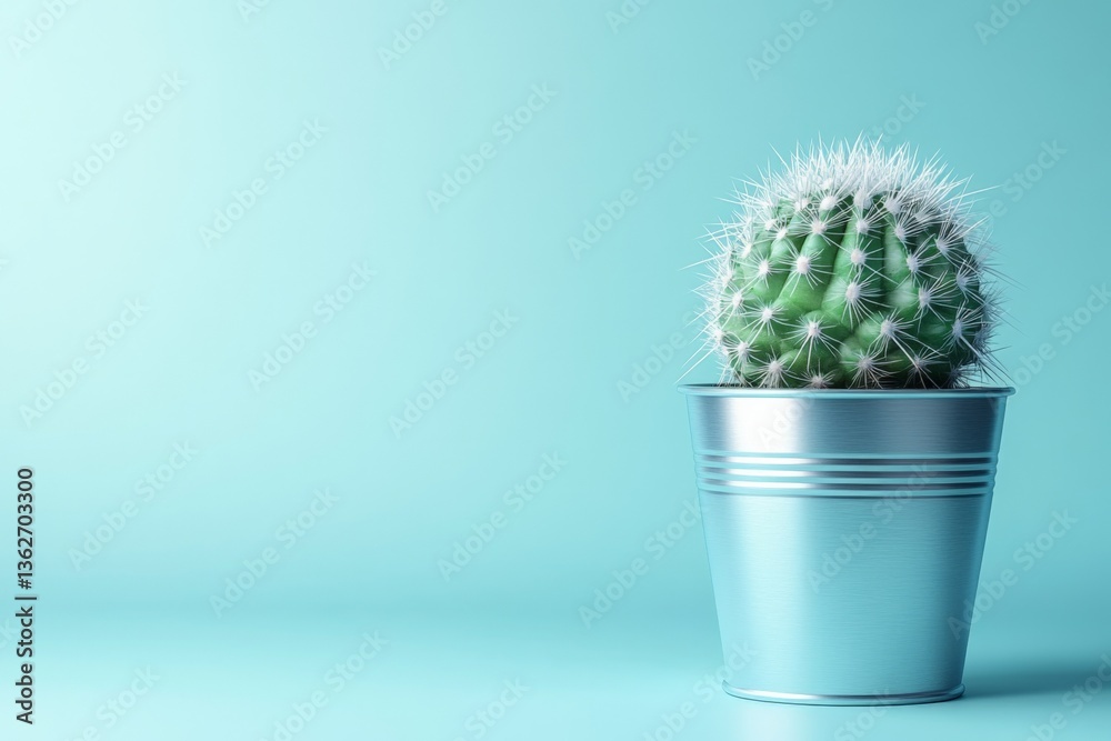 Poster cactus in a metallic pot against a light blue background creating a modern decor statement