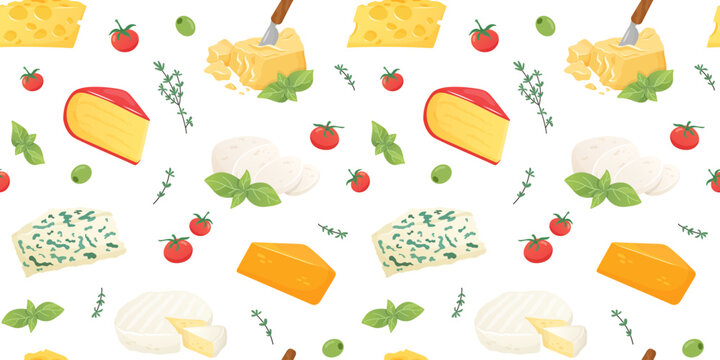 Seamless pattern with different types of cheese and appetizers. Background for menu, paper, supermarket, farm shop, textile. Vector illustration