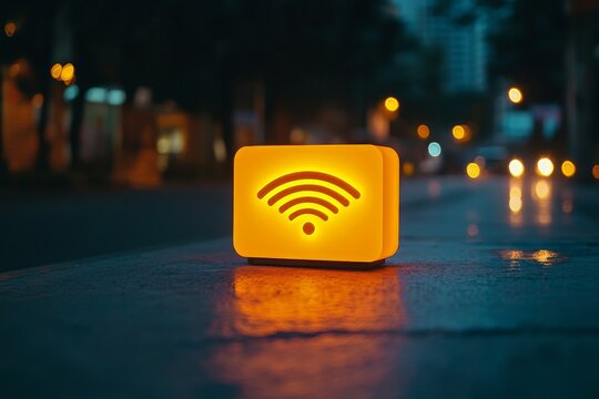 Bright yellow wifi symbol illuminates urban street during twilight hours in a bustling city environment