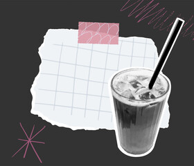 Iced coffee cup with straw and paper page collage. Doodle memo template, squared noted taped on black wall