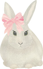 Easter bunny, Vector, Watercolor, baby shower, Easter card, with pink bow, cartoon hare, cute bunny, Printable Cards, invitations, greeting cards 