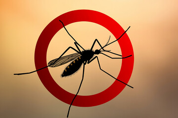 mosquito silhouette inside red prohibition circle, signifying ban or destruction of mosquitoes for disease prevention and public health safety, insecticide symbol icon