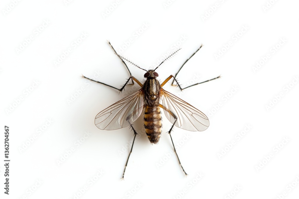 Poster close-up of a mosquito on a white surface revealing intricate wing patterns and body details