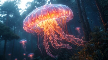 A surreal image of a giant glowing jellyfish floating through a forest at night, with light illuminating the surrounding trees, creating an ethereal and mysterious atmosphere in soft purples and blues