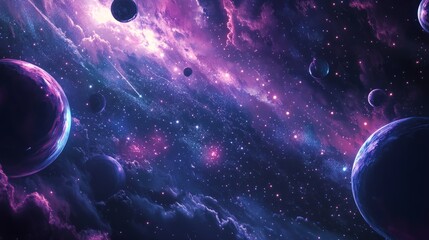 A futuristic cosmos design with glowing planets surrounded by radiant interstellar light.
