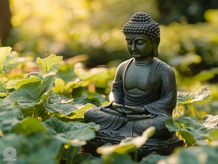 Meditative Buddha Statue among Lush Greenery in a Serene Garden Setting