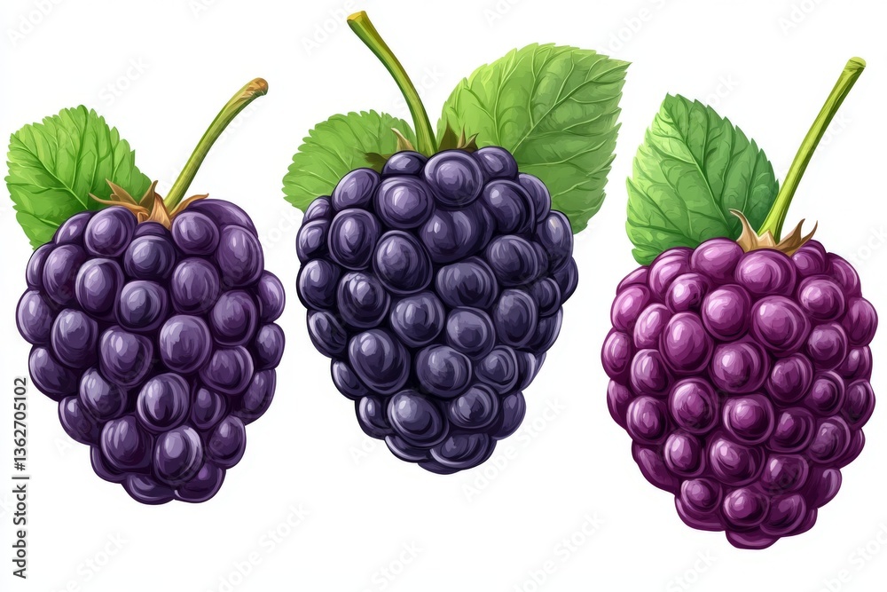 Poster three types of blackberries with green leaves on a white background showcasing their rich colors and