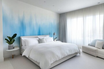 Modern bedroom with blue watercolor wall mural, white bedding, and large windows.