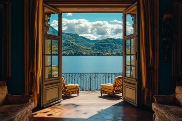 Fototapeta premium A view of a lake through a window with a view of the mountains