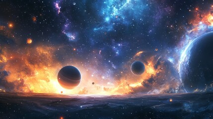 A mesmerizing space background with orbiting planets, glowing nebulae, and a radiant cosmic sky