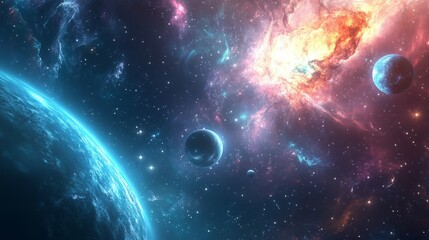 Obraz premium A mesmerizing space background with orbiting planets, glowing nebulae, and a radiant cosmic sky