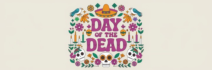Fototapeta premium A vibrant and festive Day of the Dead design with bold central text surrounded by colorful sugar skulls marigold flowers traditional sombrero candles, decorative birds in a symmetrical arrangement
