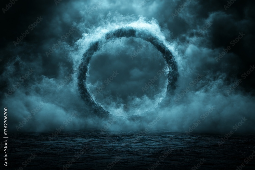 Aufkleber mysterious circular portal surrounded by fog in a dark atmospheric landscape at twilight