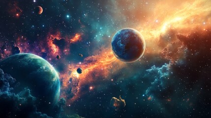 A mesmerizing universe background with colorful planets drifting in a nebula-filled space.