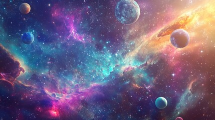 A mesmerizing universe background with colorful planets drifting in a nebula-filled space.