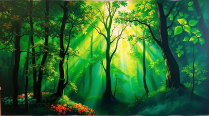 Obraz premium Sunlight Filtering Through Green Forest Trees with Red Flowers Below