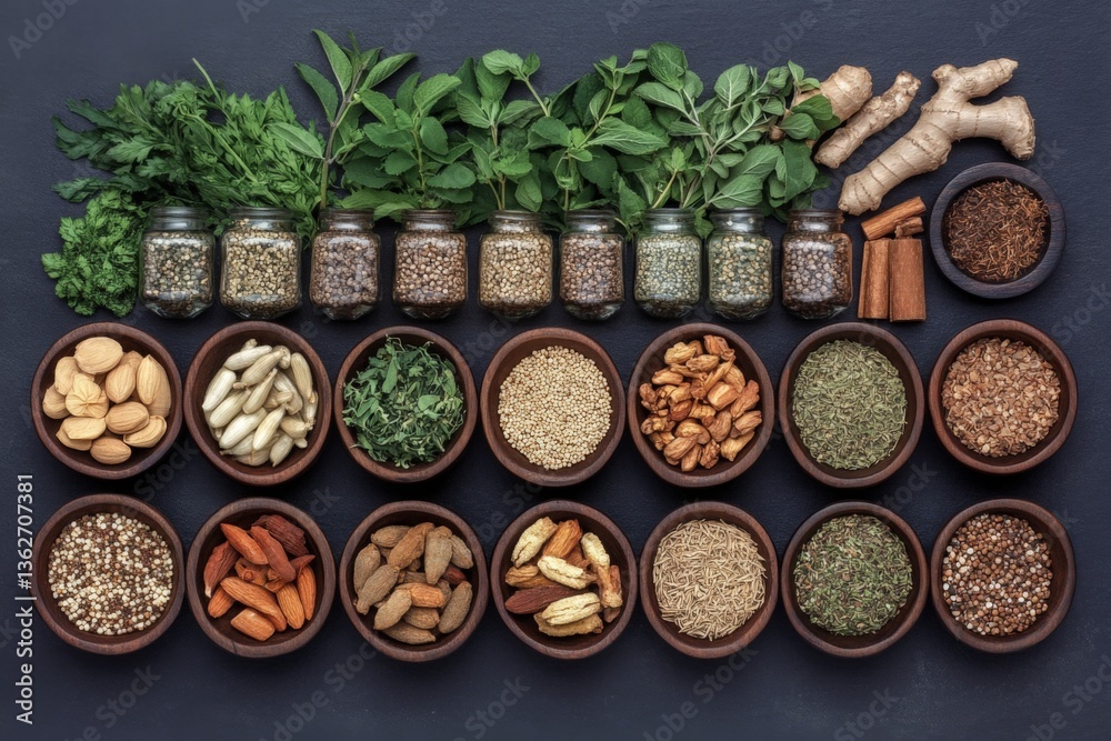 Poster colorful display of fresh herbs and spices organized in bowls with jars in a kitchen setting during 