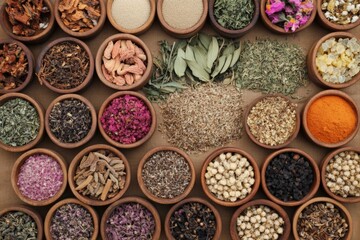 Variety of dried herbs and spices arranged in clay bowls on a wooden table for culinary use