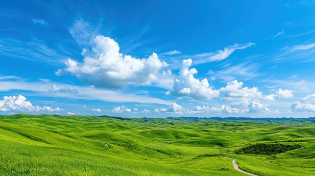 An expansive view of rolling green hills under a clear blue sky, with playful clouds scattered throughout. The image features an inviting path winding through the landscape, leading the viewers eye