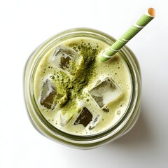 Iced matcha latte with espresso in a mason jar