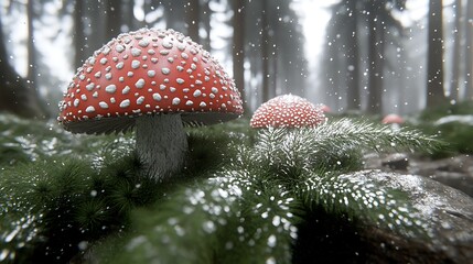 Mushrooms with red caps are growing in a snowy forest scene