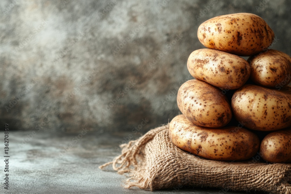 Poster potatoes stacked on burlap in a rustic kitchen setting showcasing a natural earthy vibe