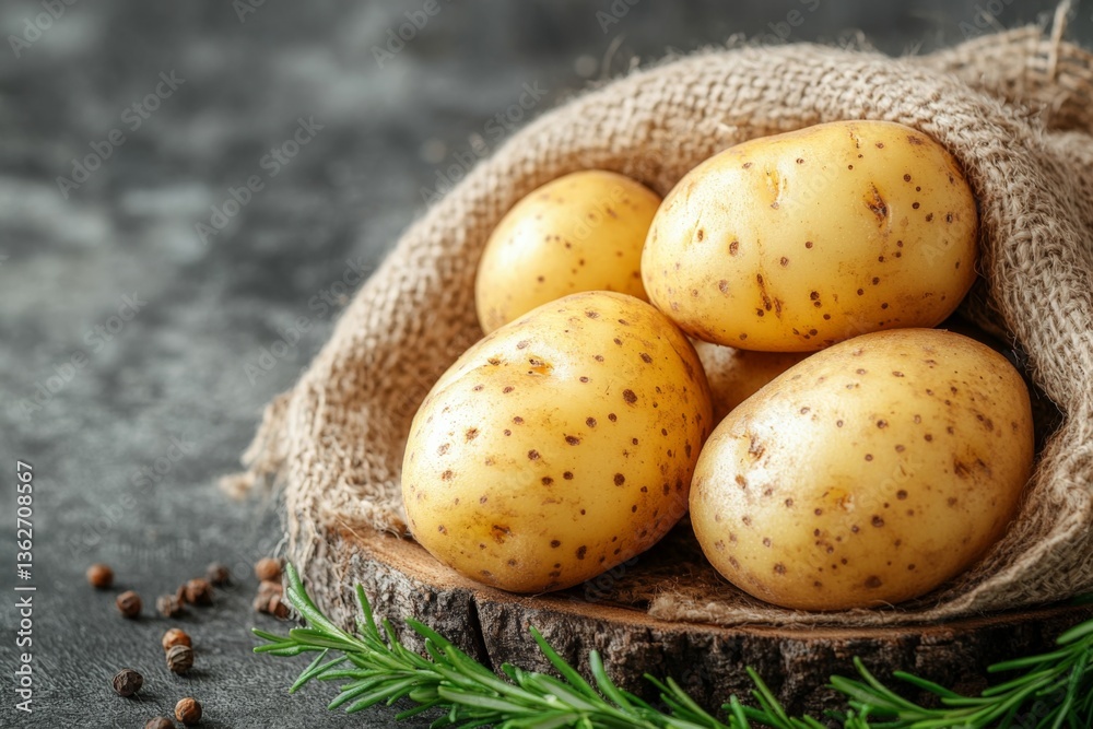 Poster freshly harvested potatoes wrapped in burlap on a wooden surface with scattered spices